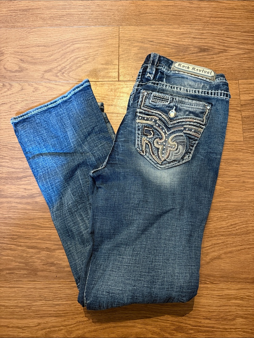 Rock Revival Women's Dark Blue Bootcut Jeans with Embroidered Back Pocket